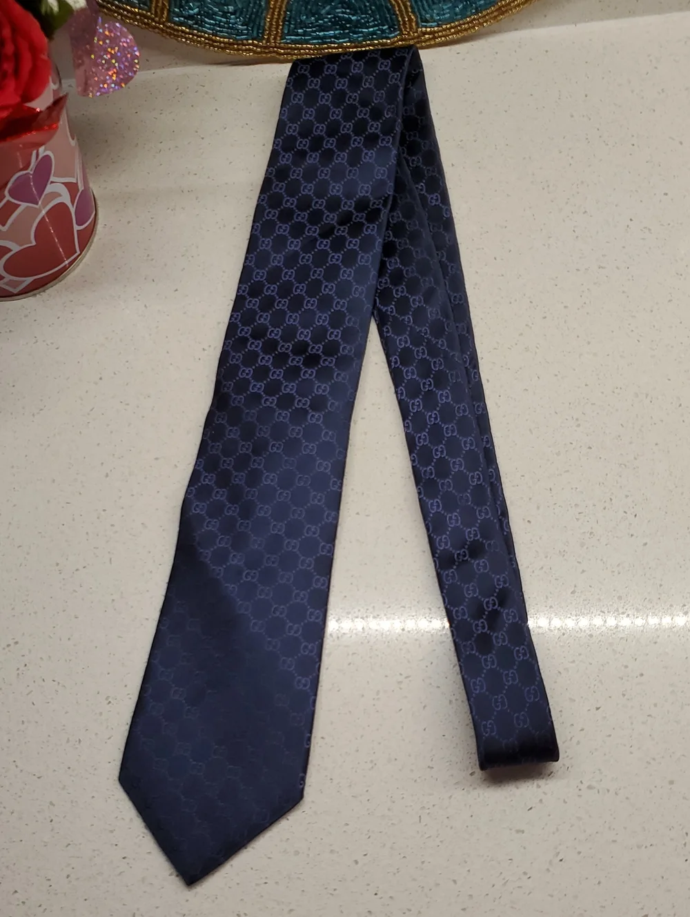 GUCCI Dark Navy Silk GG Jacquard Tie